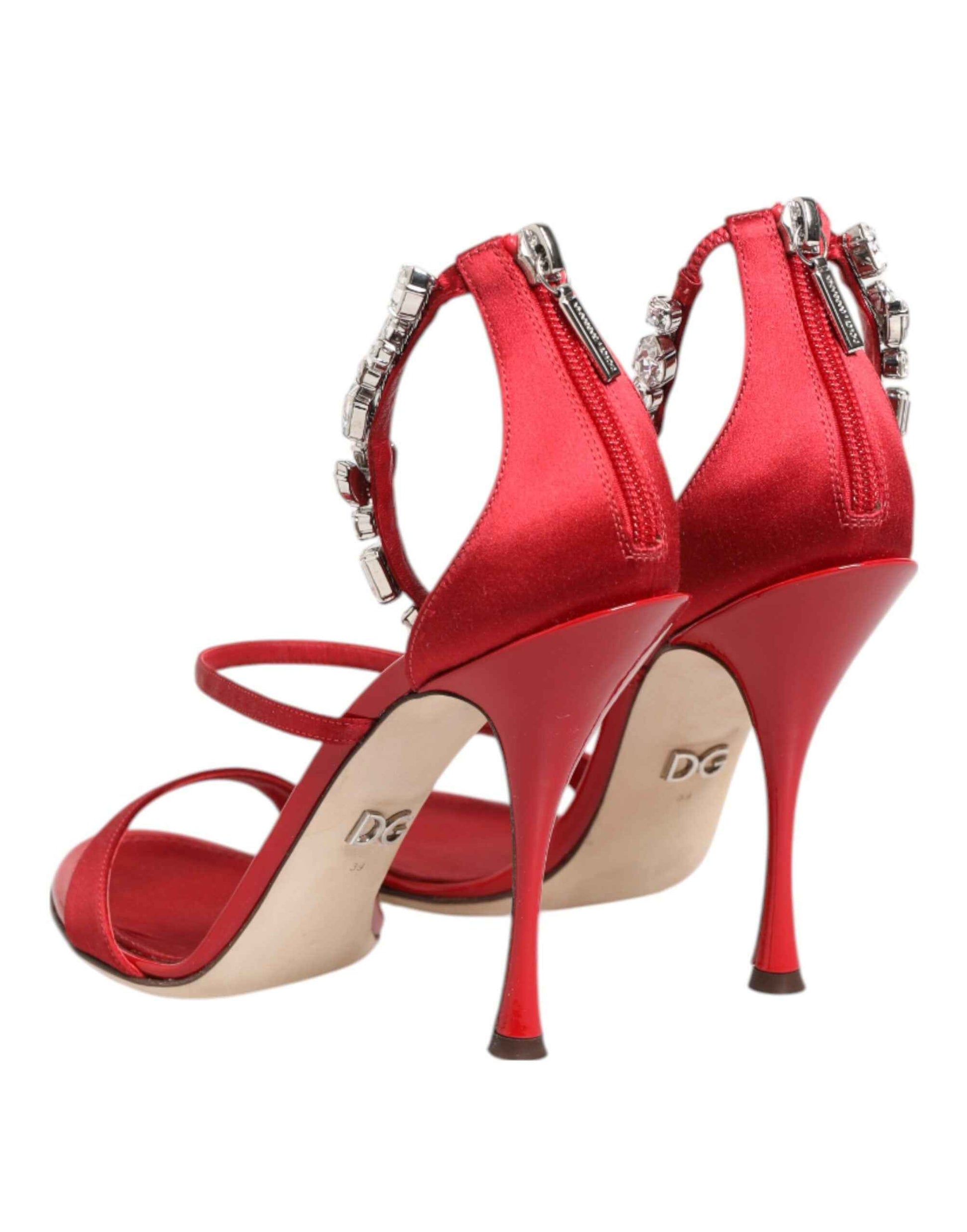 Dolce & Gabbana Red Satin Crystals Keira Sandals Heels Shoes